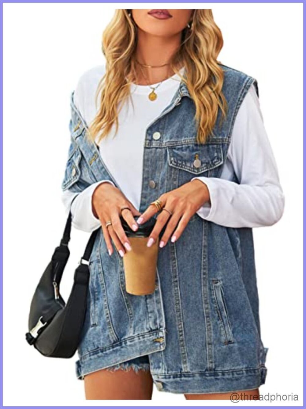 Oversized Mid Long Sleeveless Denim Vest with Pockets Button Down